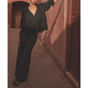 Anthropologie 'Pinstripe' Navy Wide-Leg Trousers Size 6